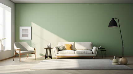 Luxury living room in pastel colors. Green mint lounge furniture - rich sofa and empty paint wall....