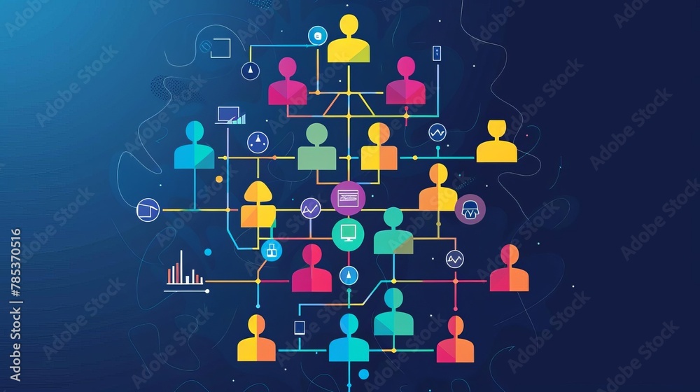 Wall mural colorful organizational chart with people icons and connectors business hierarchy and teamwork conce