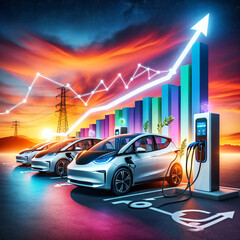 Sustainable Future: Electric Vehicles Charging at Sunset with Growth Graph - obrazy, fototapety, plakaty