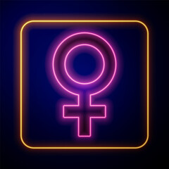 Glowing neon Female gender symbol icon isolated on black background. Venus symbol. The symbol for a female organism or woman. Vector