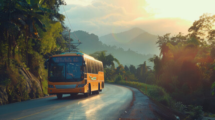 Sunlit Thai tworow bus on scenic route, pristine 4K HD, tranquil rural Thailand view, no noise - obrazy, fototapety, plakaty