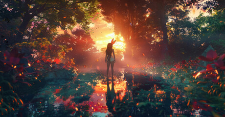 The rabbit girl, a figure of fantasy and allure, positioned in a vibrant forest landscape, where her beauty and the surrounding grandeur are highlighted in perfect 4K HD detail, no noise - obrazy, fototapety, plakaty