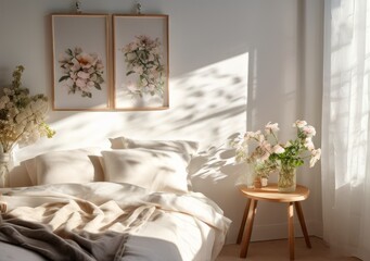 white bedroom interior with Flowers on wooden stool and pouf. posters above bed