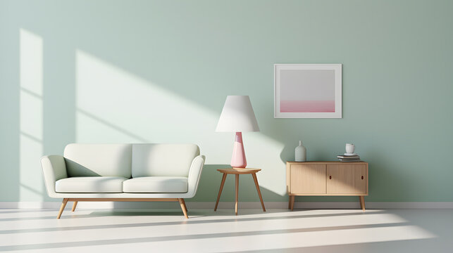 Luxury living room in pastel colors. Green mint lounge furniture - rich sofa and empty paint wall. Space for art picture canvas. Modern minimal interior design. Mockup room or lounge office.