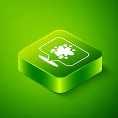 Isometric Paint spray icon isolated on green background. Green square button. Vector