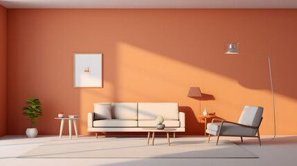 Living room with pink walls, in the style of light white and dark orange, minimalist concept 