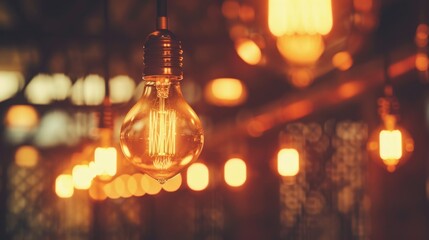 Light bulbs with warm yellow light on abstract blurred background