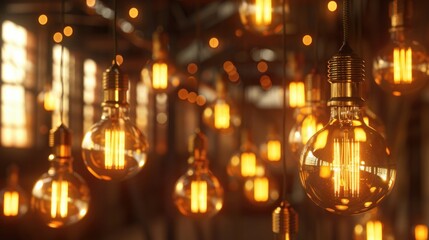 Light bulbs with warm yellow light on abstract blurred background