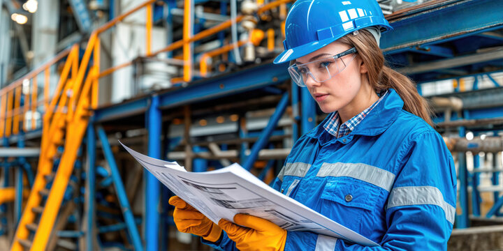female engineer in protective gear reviews technical documentation in an industrial workshop