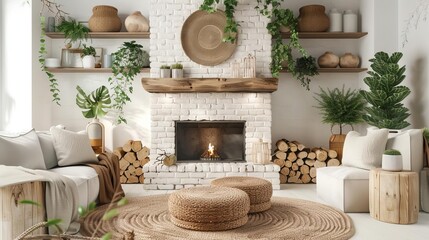 Fototapeta premium cozy scandinavian living room interior with white brick fireplace wooden decorations and natural plants 3d render illustration