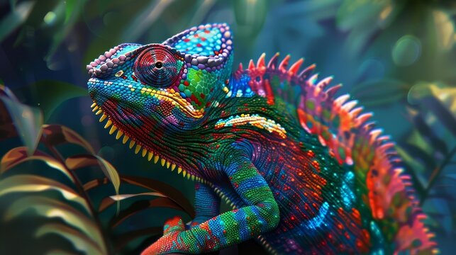 curious chameleon with vibrant changing colors closeup digital painting