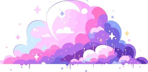 Dreamy clouds with stars and a whimsical moon.