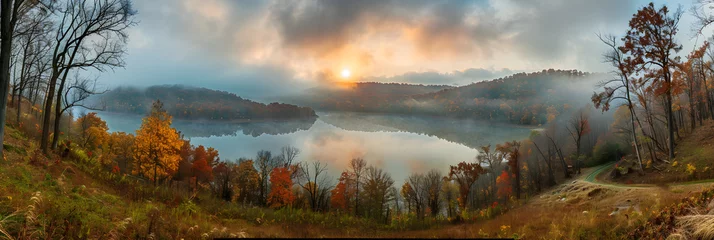 Fotobehang Autumnal Splendor at Ohio State Park - Morning Mist over Tranquil Lake and Lush Foliage © Hattie