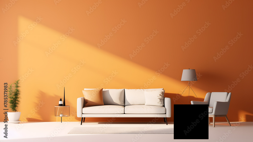 Wall mural Living room with pink walls, in the style of light white and dark orange, minimalist concept  - Wall murals
