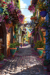 Fototapeta na wymiar Quaint Cobblestone Alleyway: Colorful Flower Pots