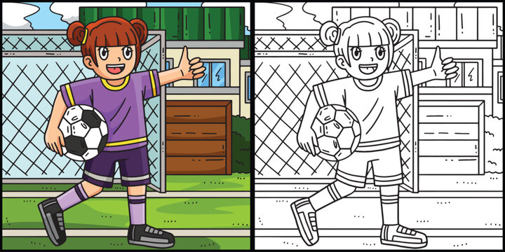 Girl Holding a Soccer Ball Coloring Illustration