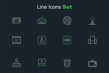 Set line Retro tv, Popcorn in cardboard box, Rating movie, Actor star, Cinema chair, Play Video and 4k icon. Vector