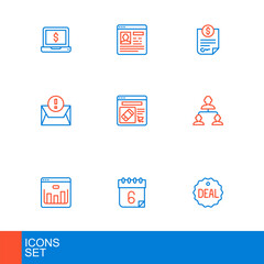 Set line Deal, Calendar, Browser with stocks market, Employee hierarchy, Envelope, Online shopping on screen, Contract money and Resume icon. Vector