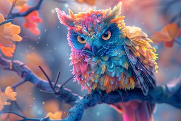 Surreal owl with vibrant neon and iridescent feathers, perched in a phantasmal, otherworldly environment
