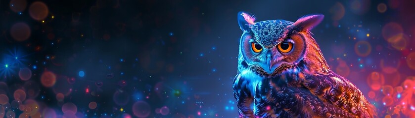 Neon glowing owl, vibrant phantasmal colors, casting an iridescent aura in the dark night - obrazy, fototapety, plakaty