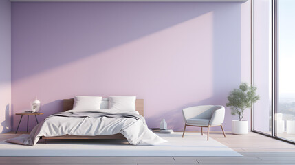 Minimalist and modern bedroom, purple wall with glass balcony window.