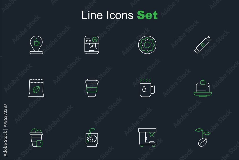 Canvas Prints Set line Coffee beans, machine, Espresso tonic coffee, Iced, Piece cake, Cup tea with bag, cup go and Bag icon. Vector