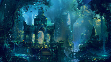 Fantasy landscape with fantasy temple in the deep forest