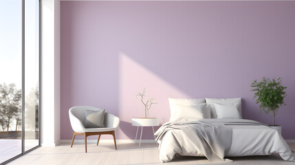 Minimalist and modern bedroom, purple wall with glass balcony window.