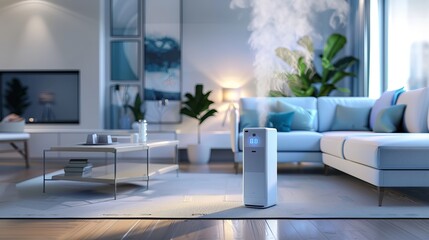 Realistic vector illustration featuring indoor air purifiers and humidifiers in a living room, designed for home climate control