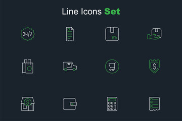 Set line Shopping list, Calculator, Wallet, Market store, Shield with dollar, cart, Delivery cargo truck and Paper shopping bag icon. Vector
