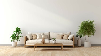  Minimalist living room interior with beige sofa and white wall. AI generated.