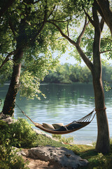 Serene Lakeside Retreat: Hammock Between Trees
