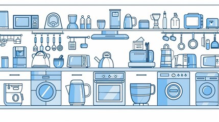 Vector set of home appliances, a collection of outline illustrations of household and kitchen appliances for a shop sale, on a white banner with modern house hold appliances and blue devices