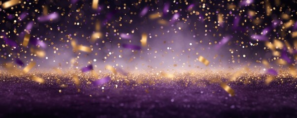 Purple background, football stadium lights with gold confetti decoration, copy space for advertising banner or poster design - obrazy, fototapety, plakaty