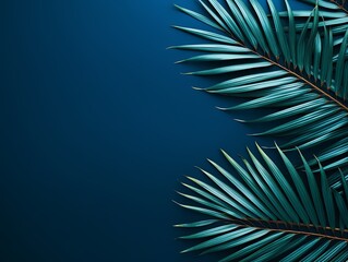 Palm leaf on a navy blue background with copy space for text or design. A flat lay, top view. A summer vacation concept