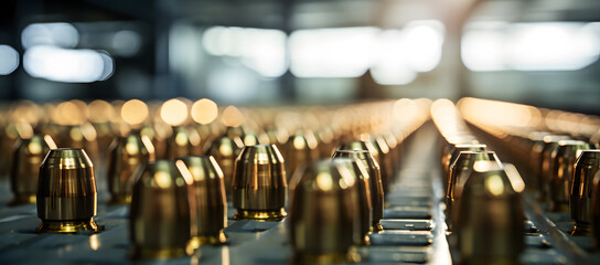 Naklejka premium Bullets on the production line of a machine at a military weapon factory
