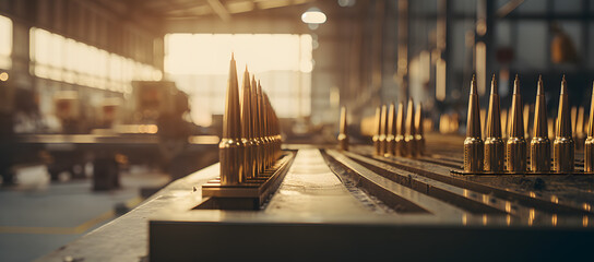 Bullets on the production line of a machine at a military weapon factory