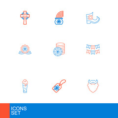 Set line Mustache and beard, Clover trefoil leaf with tag, Glass of beer, Carnival garland flags, Medal clover, Golden leprechaun coin, Leprechaun boot and Pot gold rainbow icon. Vector