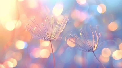 delicate dandelion seeds floating in the air beautiful macro photography with abstract bokeh background nature illustration - obrazy, fototapety, plakaty