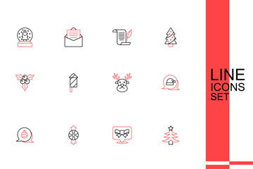 Set line Christmas tree, Gift bow, Candy, ball, Santa Claus hat, Reindeer, Firework rocket and Branch viburnum icon. Vector