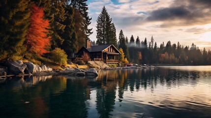 A picturesque lakeside retreat, where a quaint cabin sits amidst a kaleidoscope of autumn colors reflected in the tranquil waters, while the distant mountains  - obrazy, fototapety, plakaty