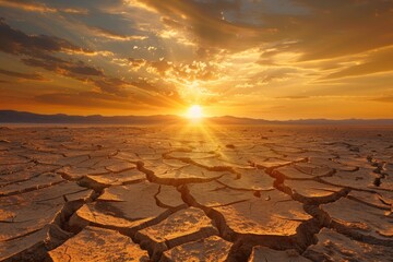 Scenic View of a Parched Desert at Sunrise, with Cracked Dry Earth Converging to a Heat-Blazing Horizon, Reflecting the Concept of Serenity and Endurance.