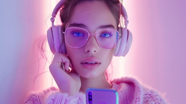 Cute woman wearing violet headphones is holding a cell phone on soft white-violet pastel background