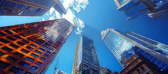 Looking up at towering skyscrapers against a blue sky, showcasing architectural grandeur and urban development.