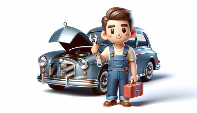 Professional Mechanic Working on Car Electrical System with 3D Icon