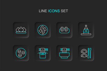 Set line Dumpling with chopsticks, Asian noodles bowl, paper box, Sushi, Bottle of sake, Served cucumber on plate and icon. Vector