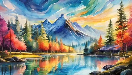 Stoff pro Meter Watercolor illustration of beautiful natural landscape. Scenery with mountains and forest. © hardvicore