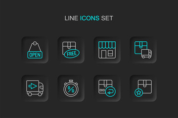 Set line Carton cardboard box, Return, Stopwatch percent discount, Delivery cargo truck, Market store, Cardboard with free symbol and Hanging sign text Open icon. Vector