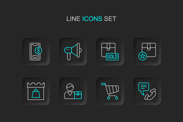Naklejka premium Set line Telephone 24 hours support, Shopping cart, Buyer, day, Carton cardboard box, Sold, Megaphone and Mobile with dollar icon. Vector