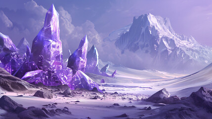 Fantasy landscape with sandy glaciers and purple crystal - obrazy, fototapety, plakaty